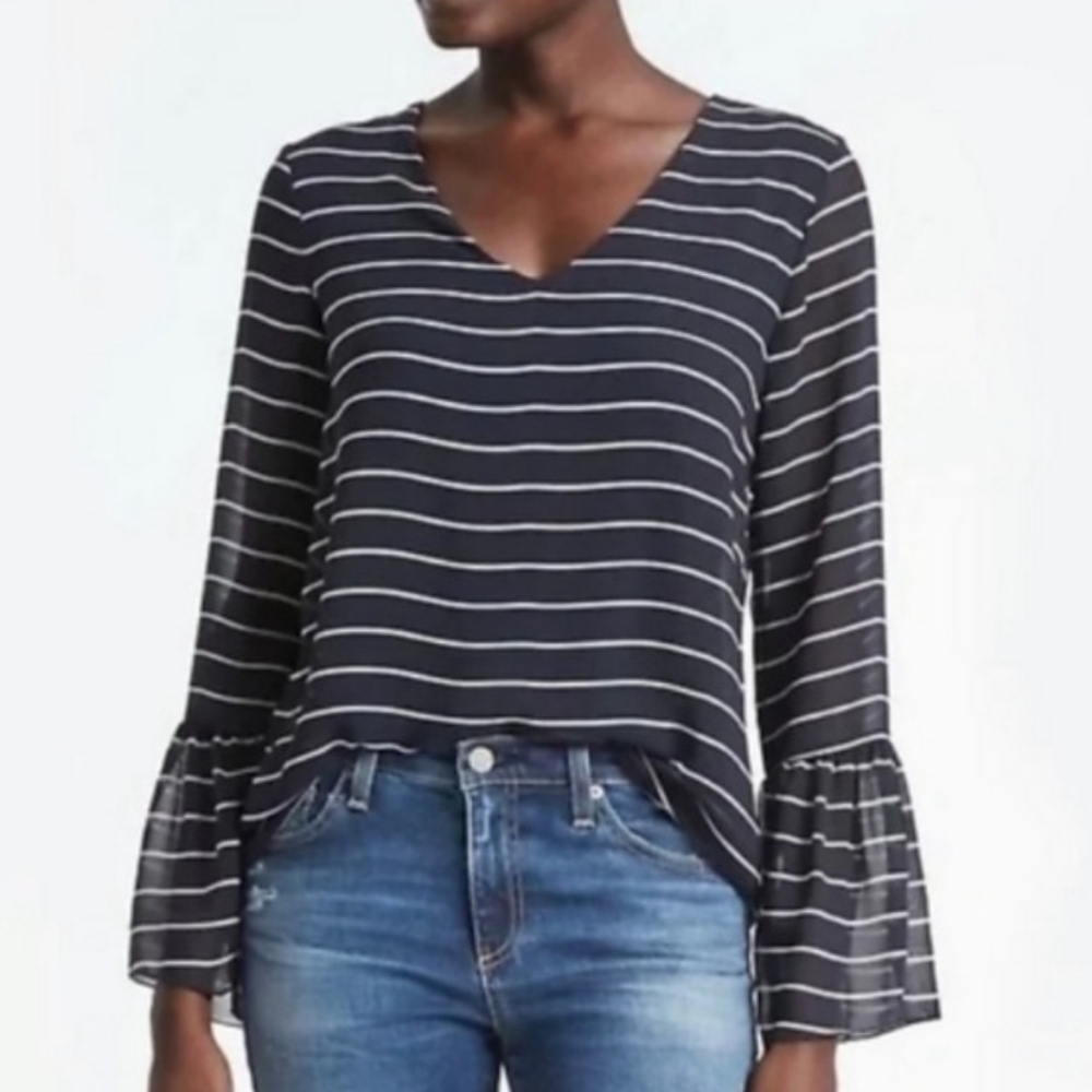 Striped Navy/White V-Neck Bell Sleeve Blouse